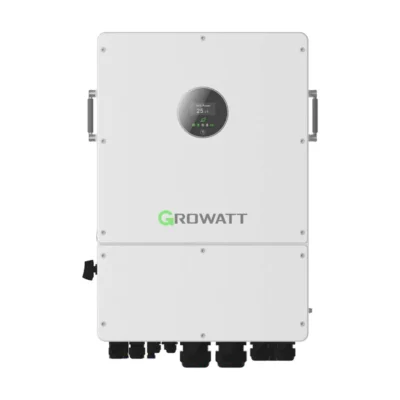 Onduleur hybride Growatt WIT 25K-HU triphasé, boîtier gris clair avec poignées latérales et écran rond