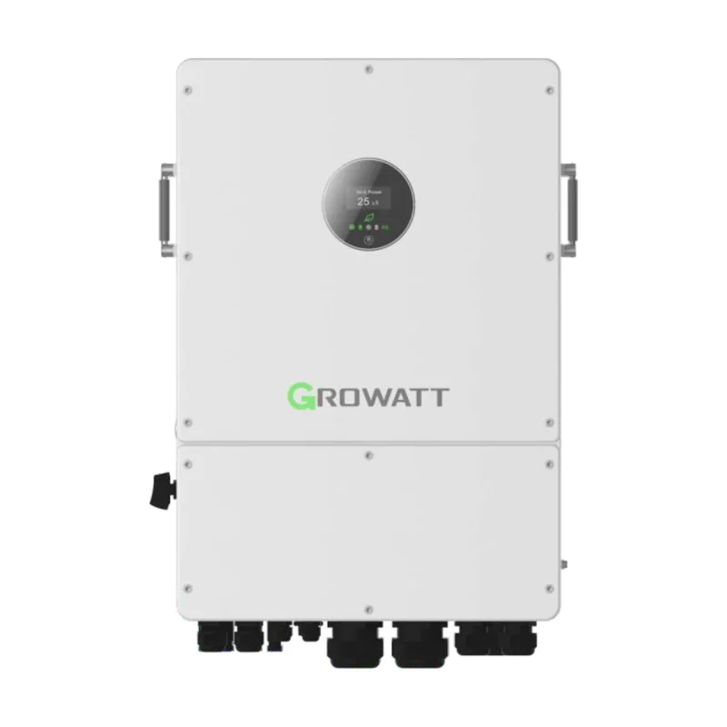 Onduleur hybride Growatt WIT 25K-HU triphasé, boîtier gris clair avec poignées latérales et écran rond