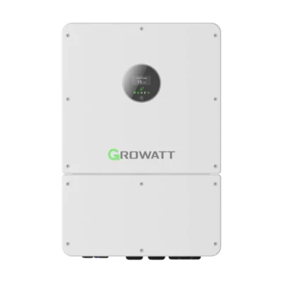 Onduleur hybride Growatt WIT-HU triphasé, grand boîtier gris clair avec écran rond