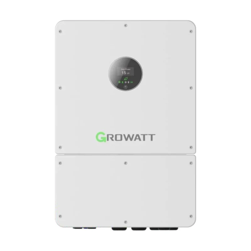 Onduleur hybride Growatt WIT-HU triphasé, grand boîtier gris clair avec écran rond