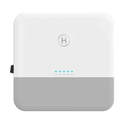 Onduleur hybride Hoymiles HIS-L-G3 monophasé blanc et gris, vue de face avec voyants LED