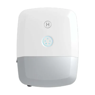 Onduleur hybride Hoymiles HIT-L-G3 blanc et gris, façade arrondie avec voyants LED