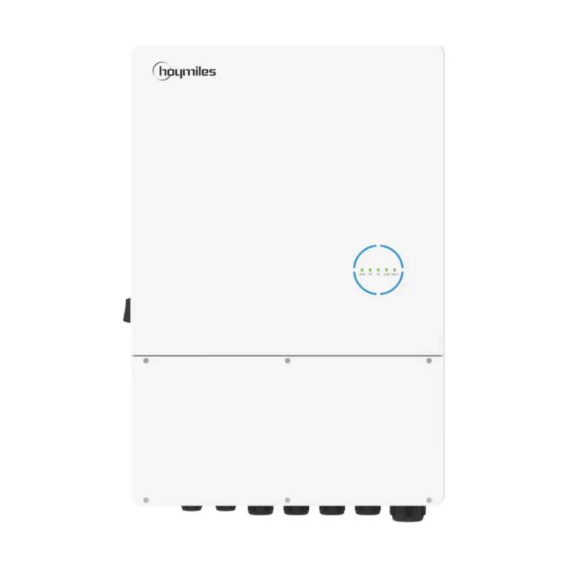 Onduleur hybride Hoymiles HYS-LV-EUG2 blanc vu de face, logo hoymiles et anneau lumineux