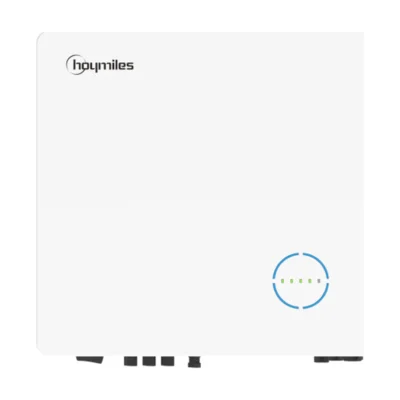 Onduleur hybride Hoymiles HYT-HV triphasé blanc, vue de face avec anneau lumineux et connecteurs