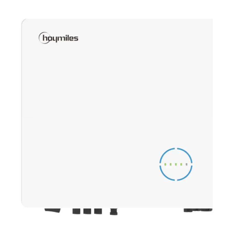 Onduleur hybride Hoymiles HYT-HV triphasé blanc, vue de face avec anneau lumineux et connecteurs