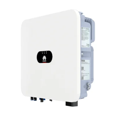 Onduleur hybride Huawei SUN2000-LB0 monophasé, boîtier blanc à voyants LED vu de trois quarts