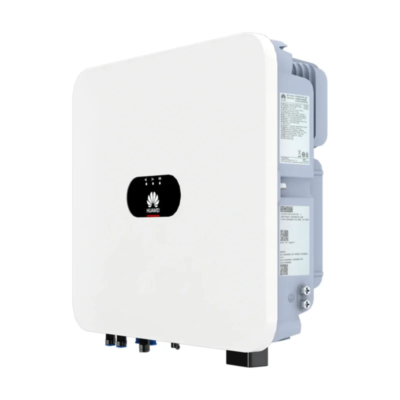 Onduleur hybride Huawei SUN2000-LB0 monophasé, boîtier blanc à voyants LED vu de trois quarts
