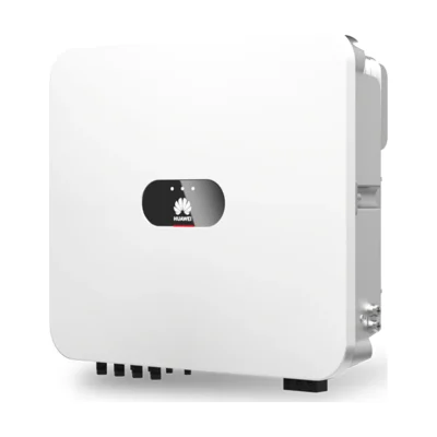 Onduleur hybride Huawei SUN2000-LC0 monophasé, boîtier blanc compact avec logo Huawei et connecteurs en dessous