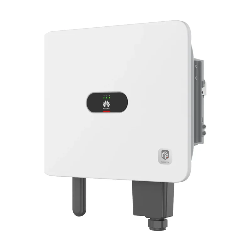 Onduleur hybride Huawei SUN5000-MB0 triphasé, boîtier blanc avec antenne et presse-étoupes