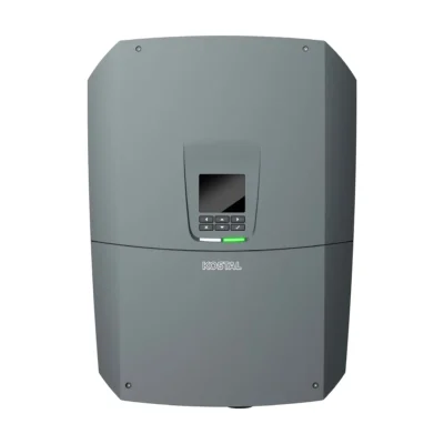 Onduleur hybride Kostal PLENTICORE G3 triphasé vu de face, boîtier gris avec écran et clavier