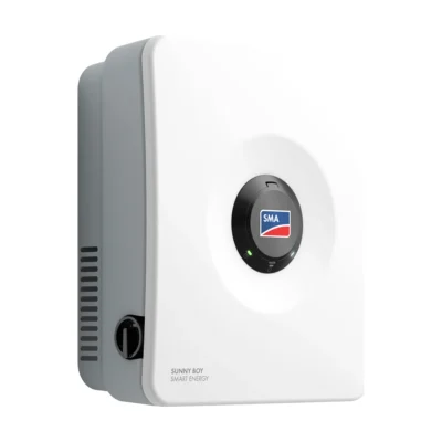Onduleur hybride SMA Sunny Boy Smart Energy, boîtier blanc et gris avec anneau central SMA