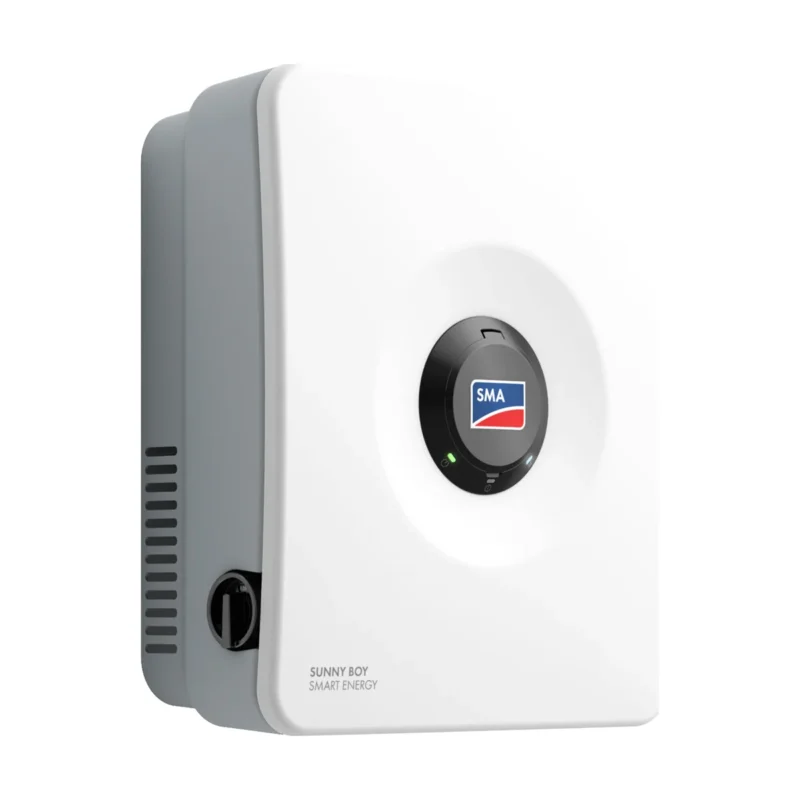 Onduleur hybride SMA Sunny Boy Smart Energy, boîtier blanc et gris avec anneau central SMA