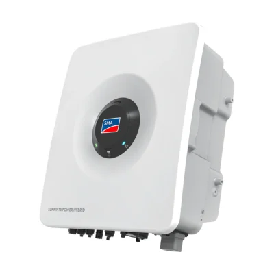 Onduleur hybride SMA Sunny Tripower Hybrid X 5-15, boîtier blanc avec anneau noir et logo SMA