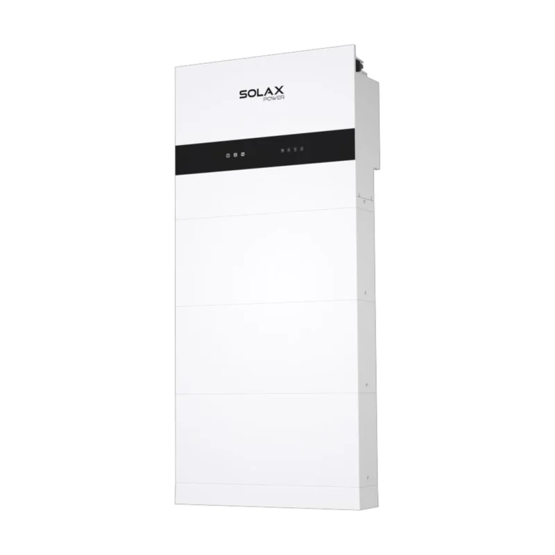 Onduleur hybride SolaX X1-IES monophasé posé sur une colonne de modules de batterie blancs