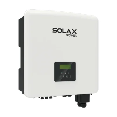 Onduleur hybride SolaX X3-Hybrid G4 triphasé, boîtier blanc carré avec écran et connecteurs en bas