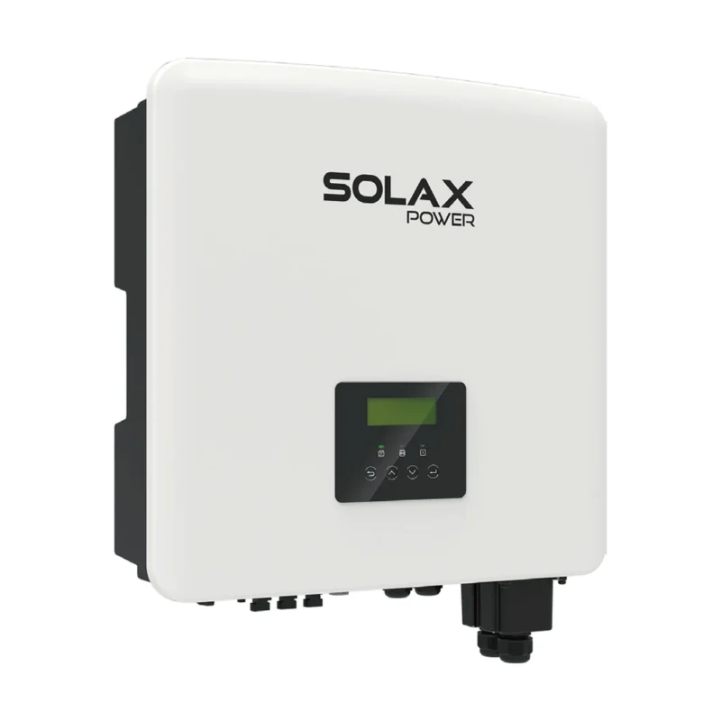 Onduleur hybride SolaX X3-Hybrid G4 triphasé, boîtier blanc carré avec écran et connecteurs en bas