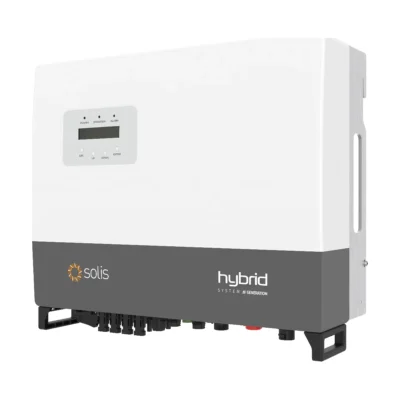 Onduleur hybride Solis RHI-3P HVES-5G triphasé, boîtier blanc et gris marqué hybrid avec écran