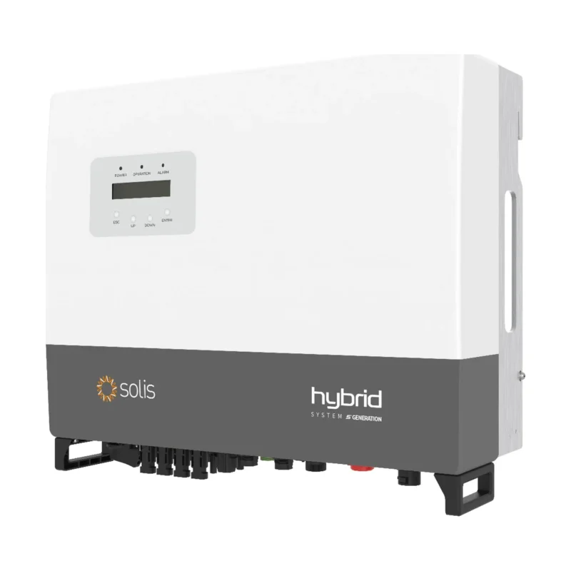 Onduleur hybride Solis RHI-3P HVES-5G triphasé, boîtier blanc et gris marqué hybrid avec écran
