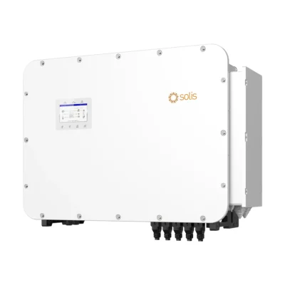 Onduleur hybride Solis S6-EH3P 80-125K triphasé, très grand boîtier blanc avec écran et presse-étoupes