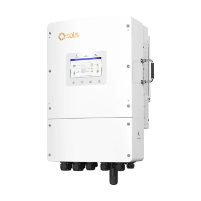 Onduleur hybride Solis S6-EH3P K02 triphasé basse tension, boîtier blanc vertical avec écran