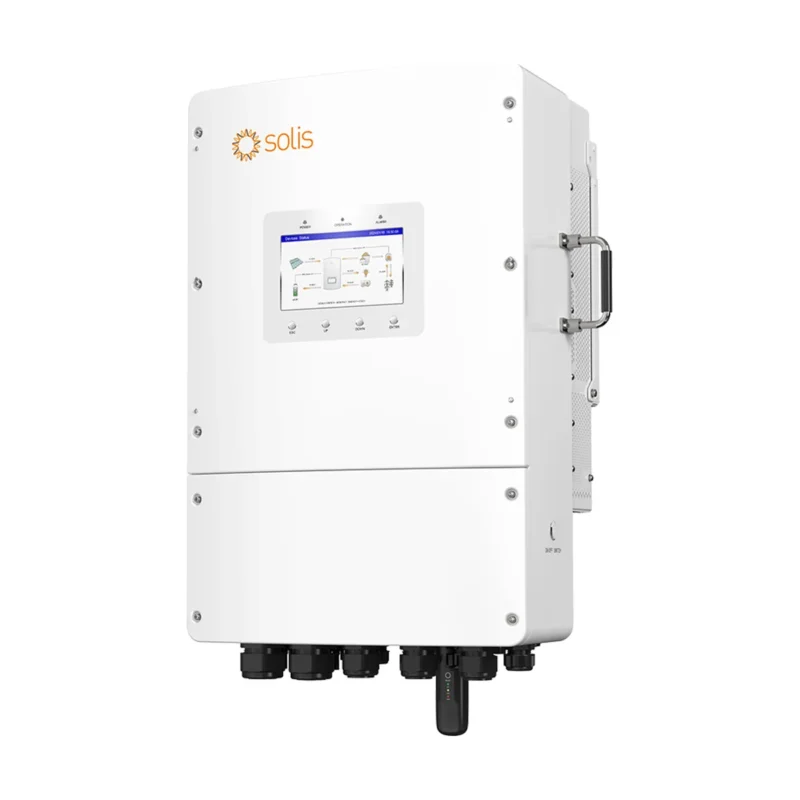 Onduleur hybride Solis S6-EH3P K02 triphasé basse tension, boîtier blanc vertical avec écran