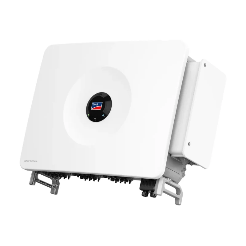 Onduleur SMA Sunny Tripower 125 triphasé, grand boîtier blanc sur pieds avec logo SMA