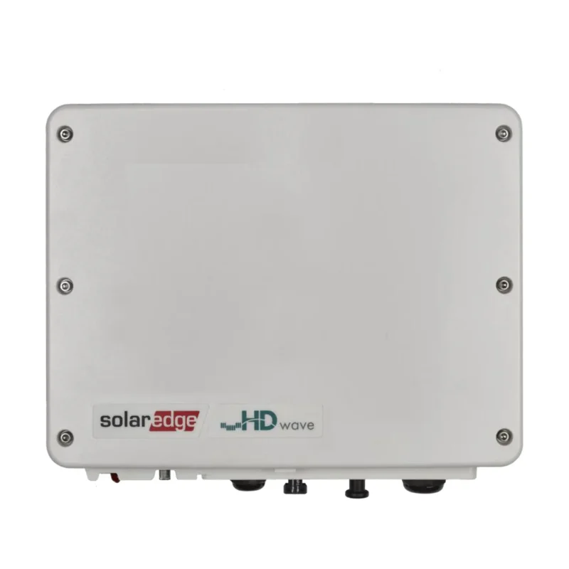 Onduleur SolarEdge Home Wave monophasé, boîtier blanc carré avec logos SolarEdge et HD-Wave