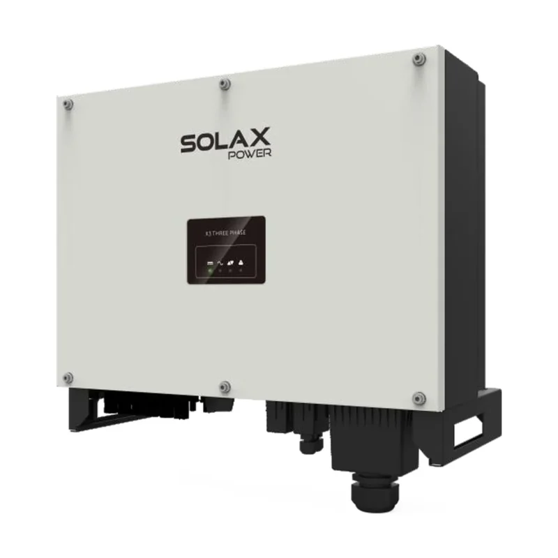 Onduleur SolaX X3-MAX triphasé, boîtier gris clair à flancs noirs avec afficheur et presse-étoupes