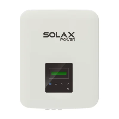 Onduleur SolaX X3-MIC G2 triphasé, boîtier blanc vertical avec afficheur noir en façade