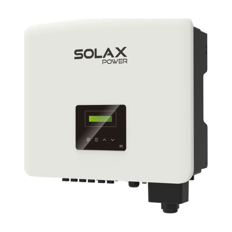 Onduleur SolaX X3-PRO G2 triphasé, grand boîtier blanc avec afficheur et connecteurs en partie basse