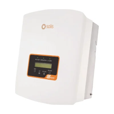 Onduleur Solis S5-GR1P-M monophasé, petit boîtier blanc avec écran LCD orange marqué S5