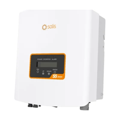 Onduleur Solis S6-GR1P-M monophasé, petit boîtier blanc avec écran LCD orange en façade