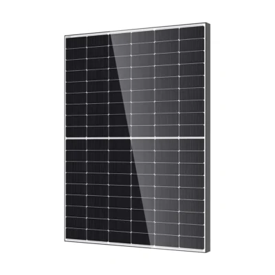 Panneau solaire DMEGC M10RT-B54HBW de face : 108 cellules noires, fond blanc et cadre noir