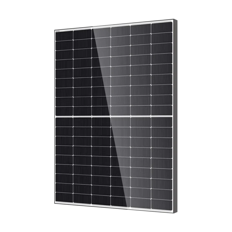 Panneau solaire DMEGC M10RT-B54HBW de face : 108 cellules noires, fond blanc et cadre noir
