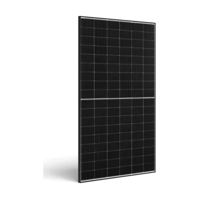 Panneau solaire JA Solar JAM54D40 LB vu de trois quarts, cellules noires, quadrillage blanc et cadre noir
