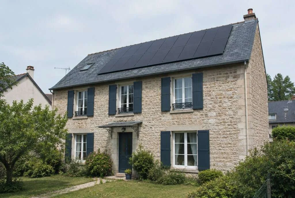 Maison en pierre de l'ouest parisien avec des panneaux solaires noirs sur la toiture en ardoise