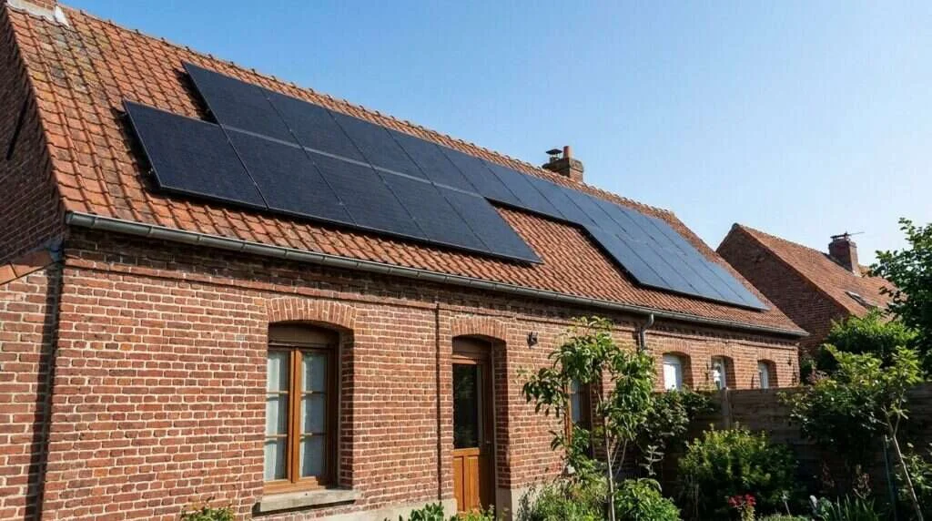 Panneaux full black 470 Wp sur une toiture en tuiles d'une maison en brique rouge à Amiens dans la Somme