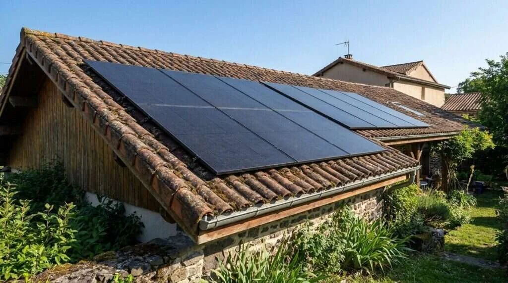 Panneaux monocristallins 470 W full black bi-verre sur une toiture en tuiles d'une maison auvergnate à Clermont-Ferrand en Auvergne