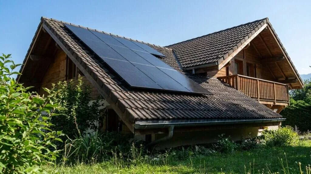 Panneaux monocristallins 485 Wc tout noir sur une toiture en tuiles d'un chalet à Grenoble en Isère