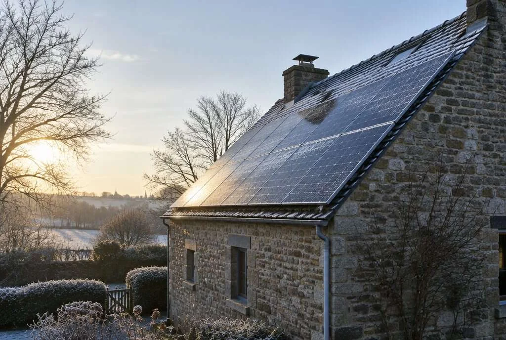 Maison en pierre aux panneaux solaires givrés par un matin d'hiver