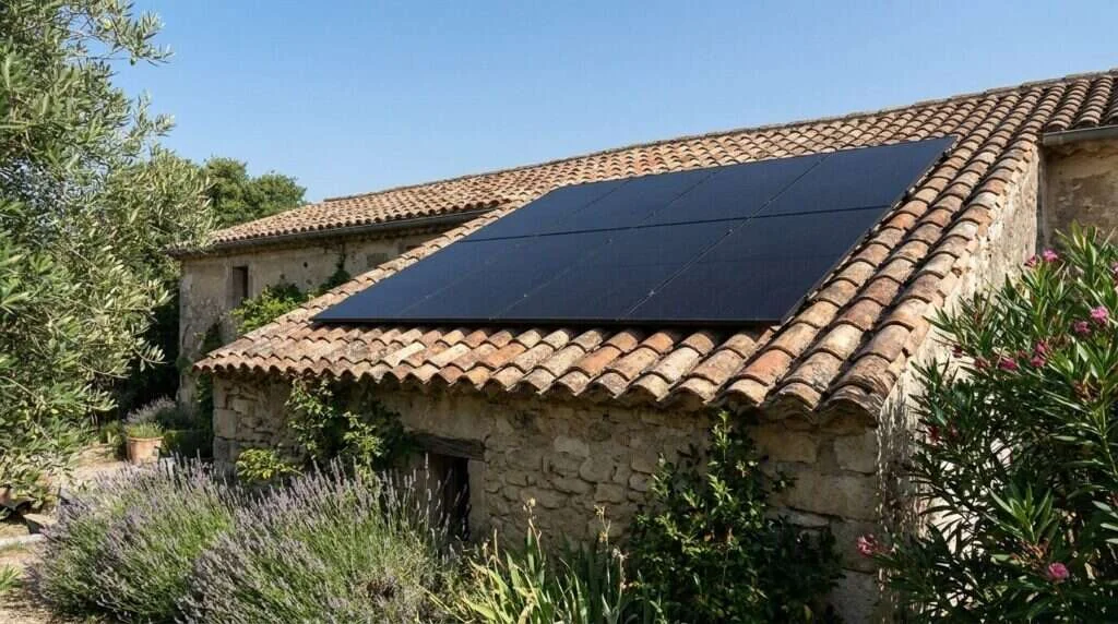 Panneaux monocristallins 460 Wc tout noir sur une toiture en tuiles canal d'un mas à Nîmes dans le Gard