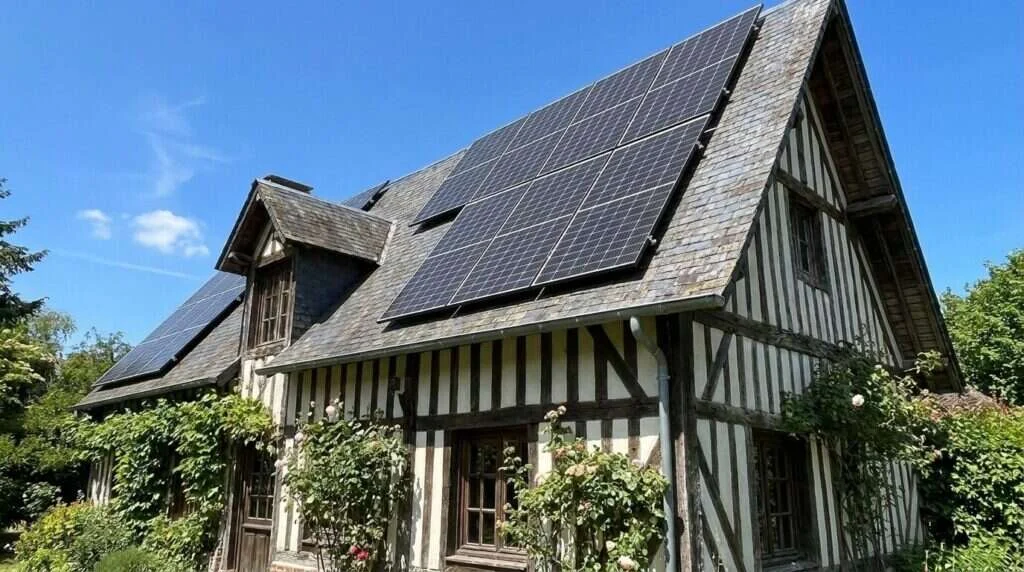 Panneaux monocristallins 465 W bi-verre cadre noir sur une toiture en ardoise d'une maison à colombages à Rouen en Normandie