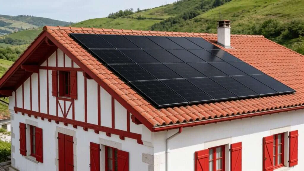 Maison basque avec panneaux solaires sur la toiture