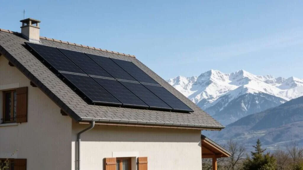 Pavillon près de Pau avec panneaux solaires, Pyrénées en arrière-plan