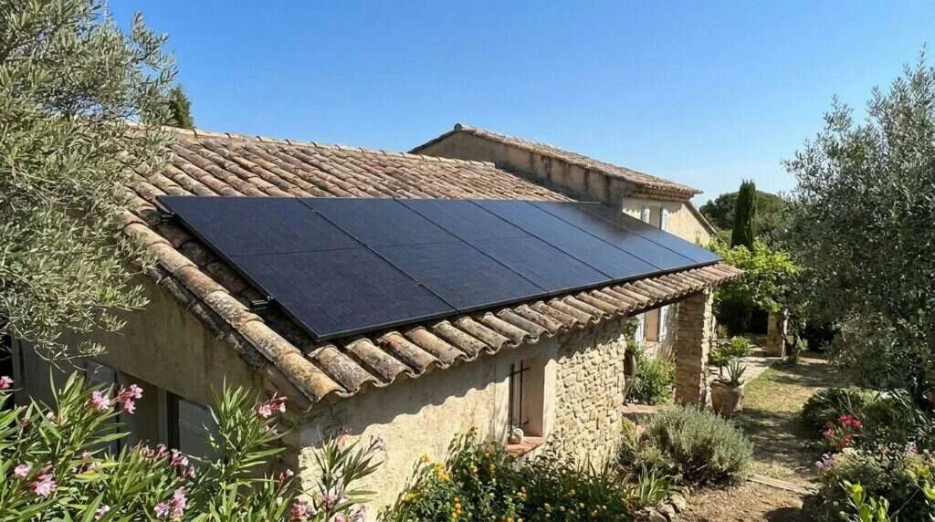 Panneaux monocristallins 470 W full black bi-verre sur une toiture en tuiles canal d'une maison catalane à Perpignan dans les Pyrénées-Orientales
