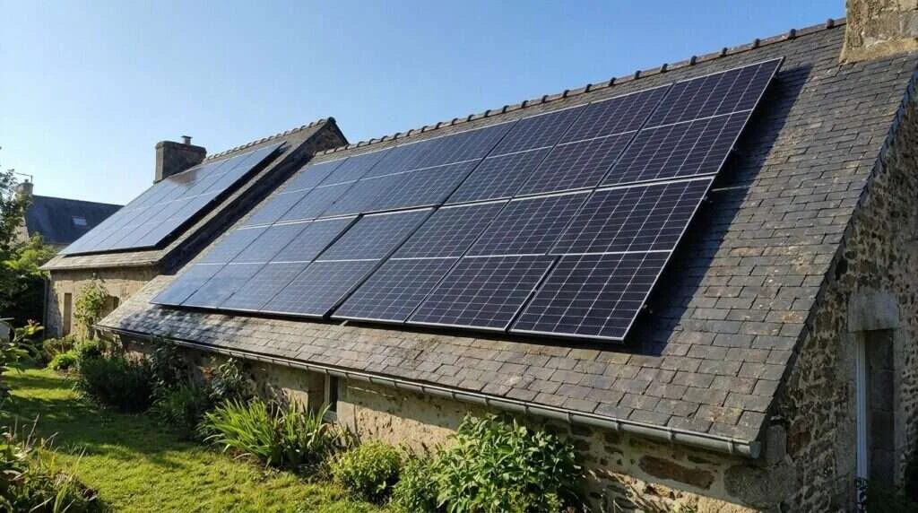 Panneaux monocristallins 465 W bi-verre cadre noir sur une toiture en ardoise d'une maison bretonne à Rennes en Ille-et-Vilaine