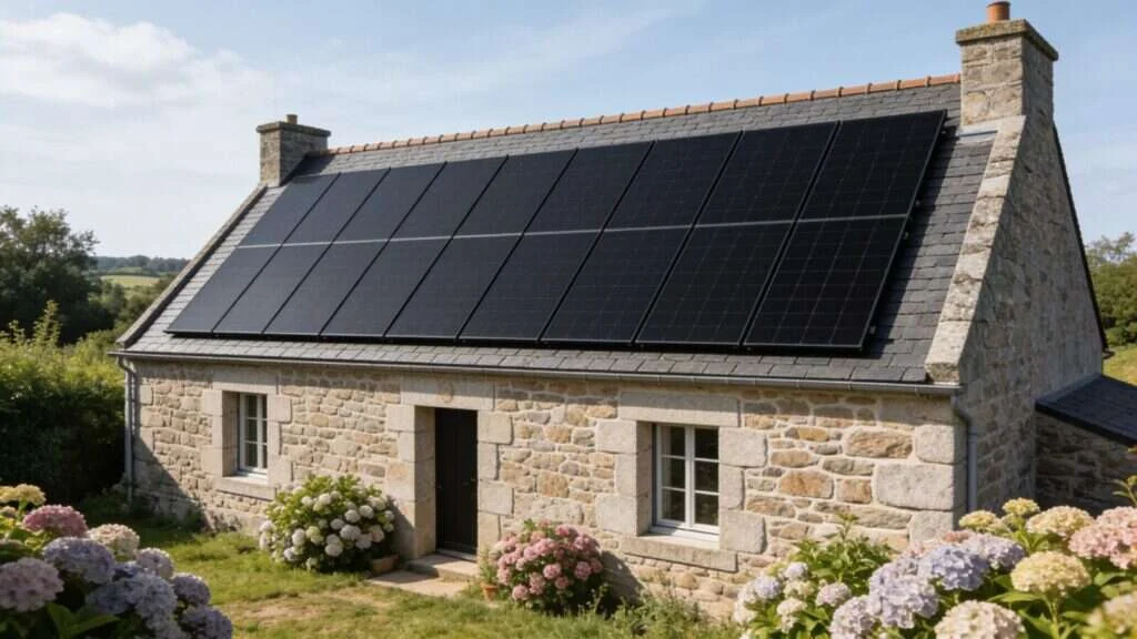 Panneaux solaires sur une maison en ardoise d'Ille-et-Vilaine, comme à Rennes