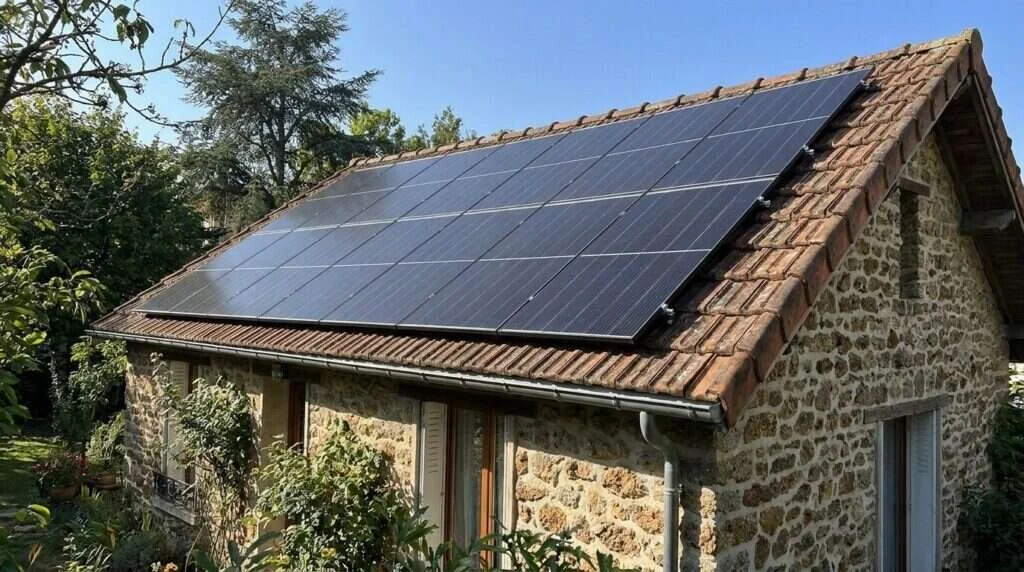 Panneaux monocristallins 475 Wp N-type cadre noir sur une toiture d'un pavillon en meulière à Montreuil en Seine-Saint-Denis