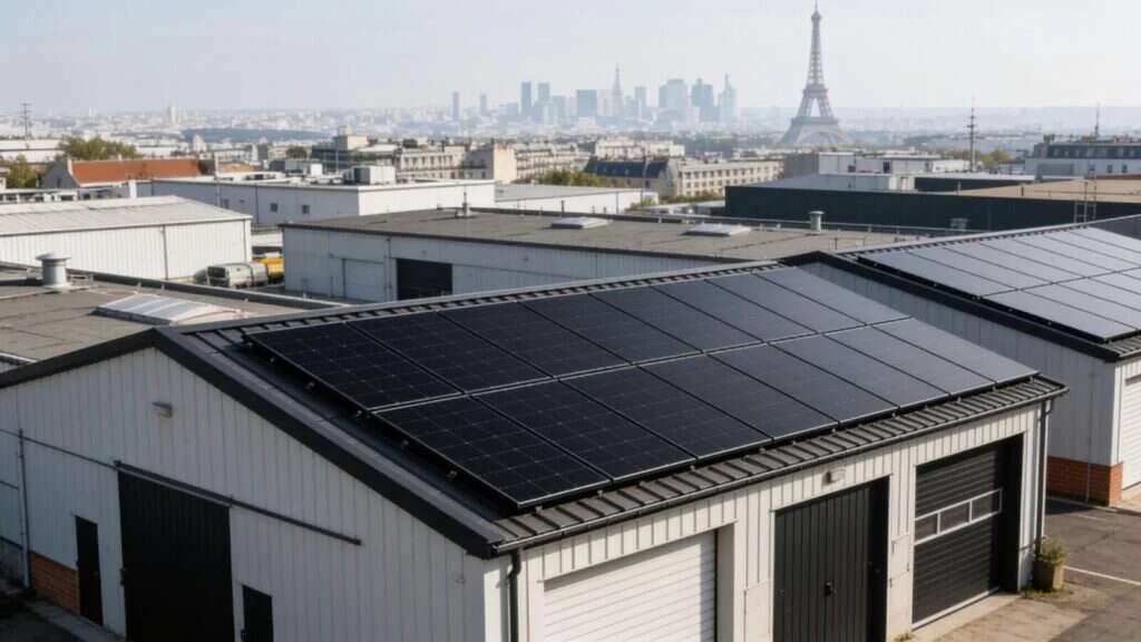 Toitures d'entrepôts de Seine-Saint-Denis couvertes de panneaux solaires