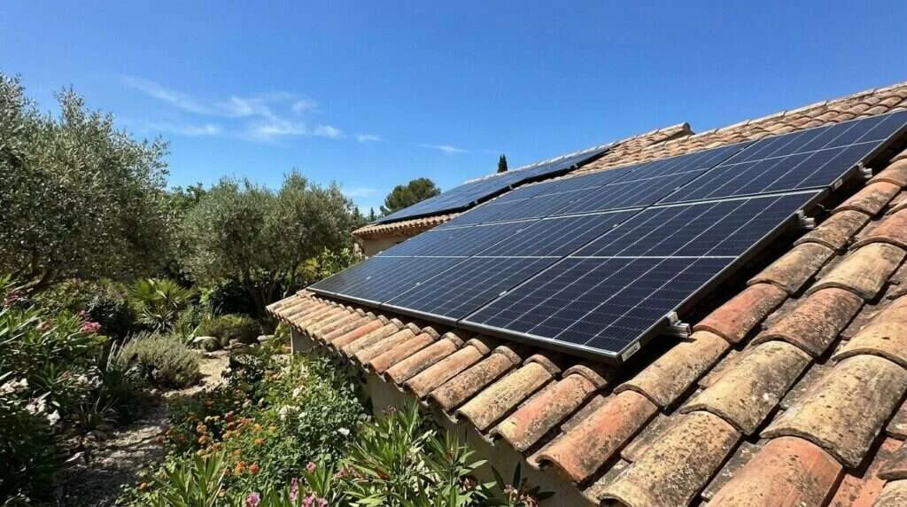 Panneaux monocristallins 475 Wp N-type cadre noir sur une toiture en tuiles canal d'une villa provençale à Toulon dans le Var